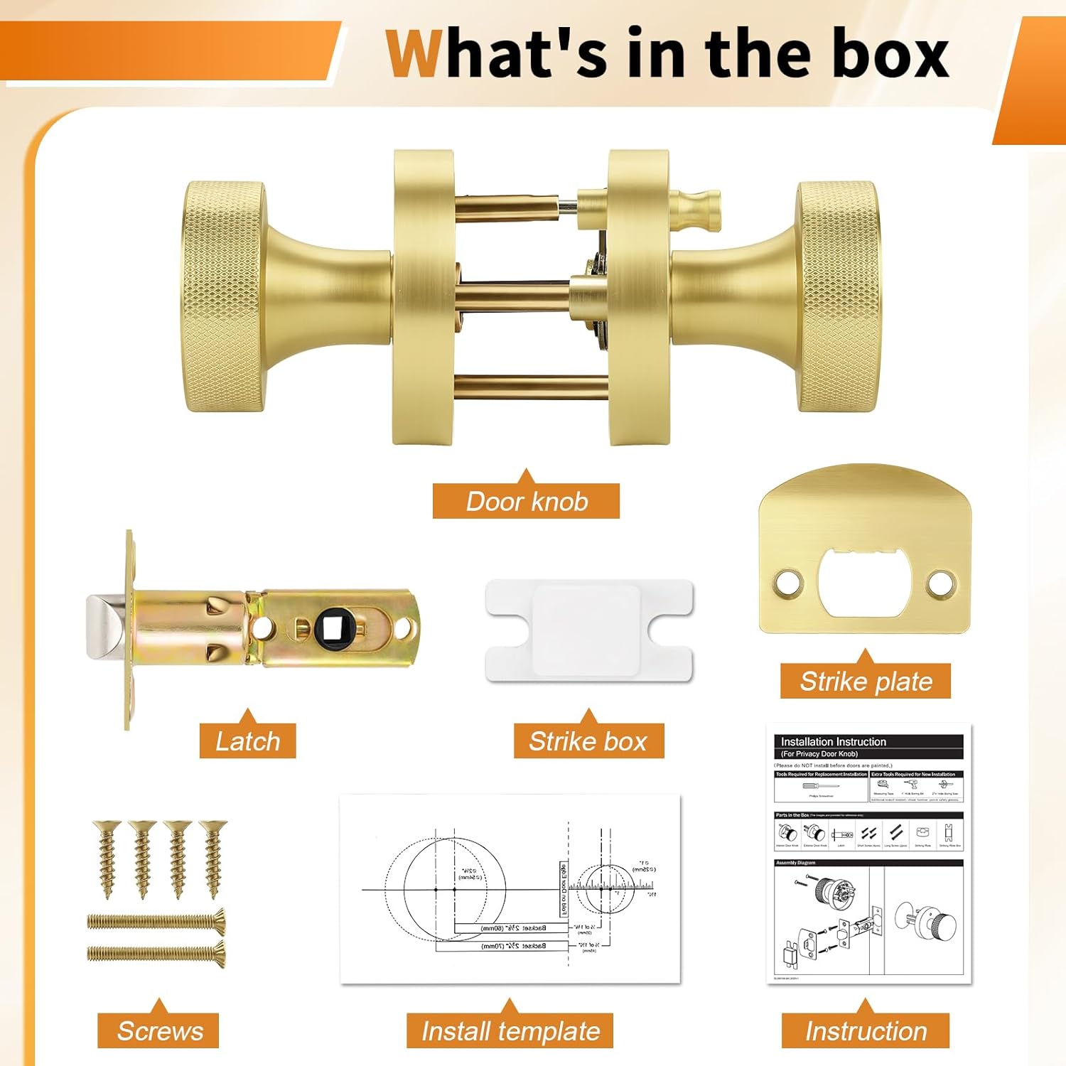 Probrico Round Privacy Door Knobs, Gold Door Knobs, Brushed Gold Interior Door Knobs for Bedroom and Bahtroom, 6 Pack