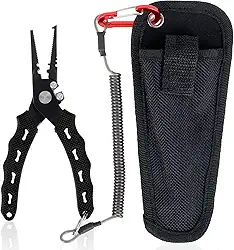 Alicate de pesca de 16,5 cm, aço de alto carbono, resistente à água salgada, com bainha e cordão, alicate de pesca, removedor de anzol, alicate de anel dividido para pesca no oceano, pesca com mosca,