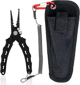 Alicate de pesca de 16,5 cm, aço de alto carbono, resistente à água salgada, com bainha e cordão, alicate de pesca, removedor de anzol, alicate de anel dividido para pesca no oceano, pesca com mosca,