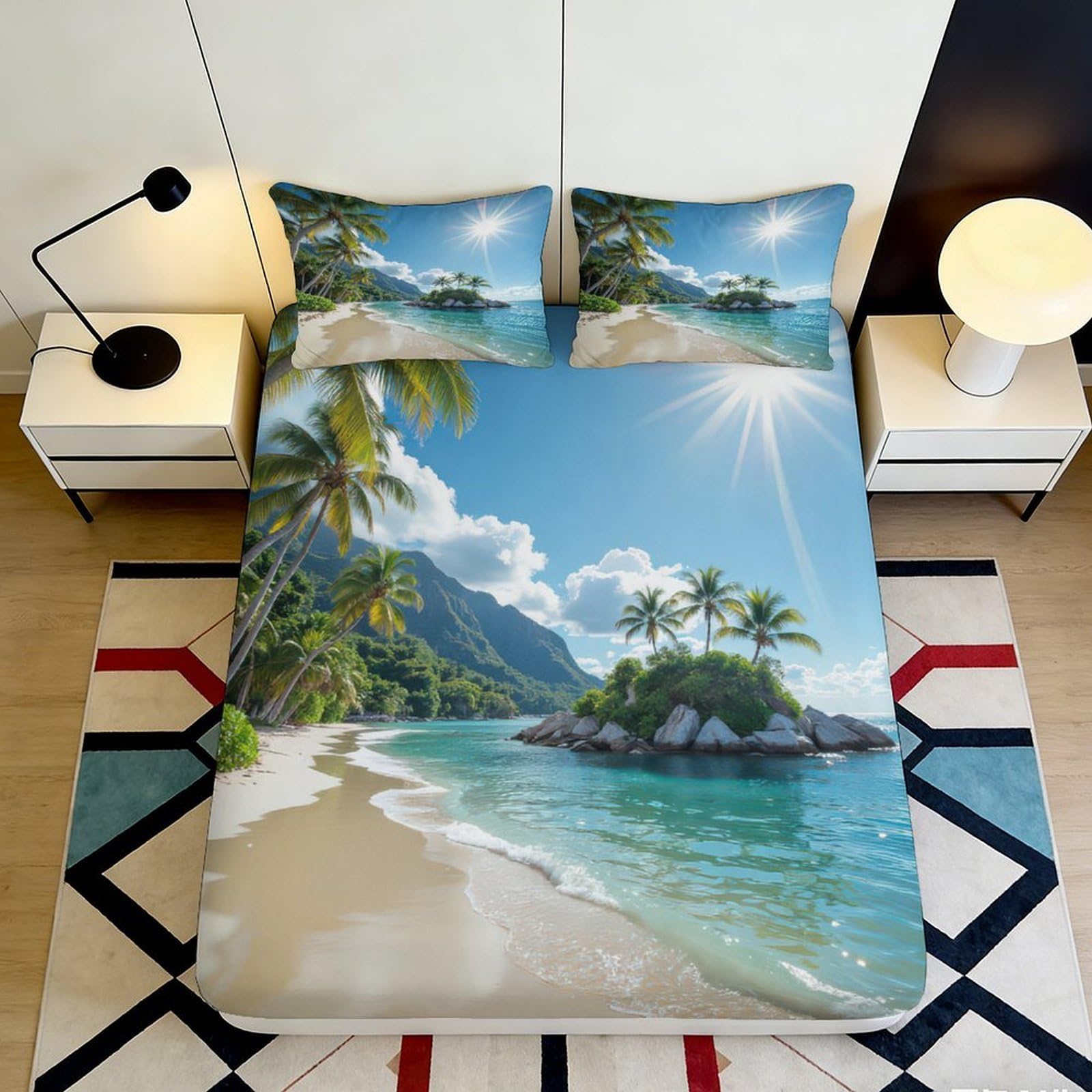 Uynsixtme Style-8 3D Printed Island Scenery Fitted Sheet Microfiber Deep Pocket Non-Slip Bedroom Bedding Island Print Mattress Fitted Cover Full Wrap Washable For Adults 140X200x25cm