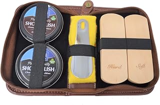 Glo-Earth Shoe Shine Kit with Birch Polish, Shoe polish Kit, Premium Quality Travel Brush Kit Horse Hair Brush Birch Polish Black Brown Buff Quality Premium PU Leather Gift