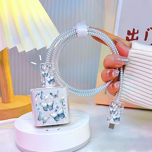 Miniatura 6 de Bonito protector de cable para iPhone Apple Charger, diseño transparente de mariposa bonita, cable de datos USB, protector de cargador de teléfono