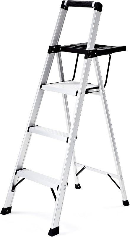 3-Step Ladder, Aluminum Lightweight Folding Step Stool with Project Tray, Silver, Tested to US Safety Standards, No Assembly Required