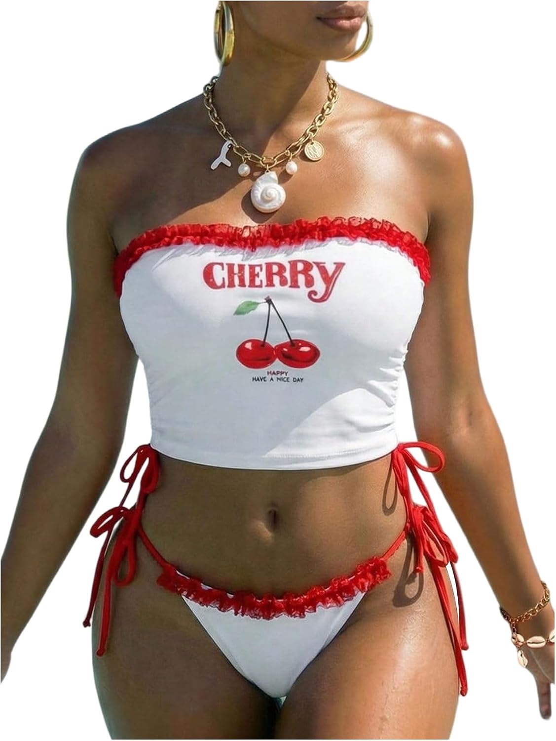 SweatyRocks Women's Brazil Bandeau Tankini Swimsuit Ruffle Trim Low Rise Thong 2 Piece Bathing Suit
