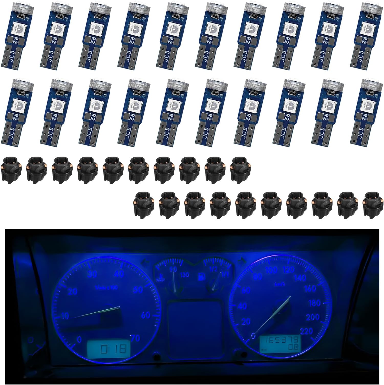 20PCS T5 LED Lights for Car Dashboard, Super Bright 3030-3SMD Auto Bulb with Twist Lock Socket, Interior Instrument Panel Gauge Indicator Replacement, Car Accessories (Blue)
