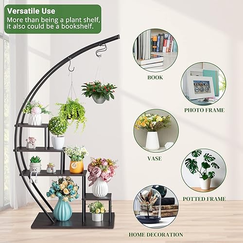 Miniatura 5 de Soporte de metal para plantas de 5 niveles, con forma de media luna, escalera, soporte para macetas para el hogar, patio, césped, jardín, balcón,