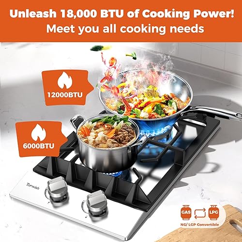 Miniatura 2 de Placa de Cocina de Gas de 12 Pulgadas, Estufa de Gas Integrada Convertible a LPG/NG con 2 Quemadores 18000BTU, Estufa de Propano de Acero Inoxidable