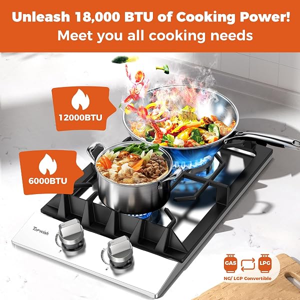 TOPWISH 12 Inch Gas Cooktop, 2 Burner Gas Stove Built-in Propane Stove Top with LPG/NG Convertible Dual Fuel Hob 18000BTU, Stainless Steel Stovetop Thermocouple Protect for Kitchen, Apartments, Rvs - 2