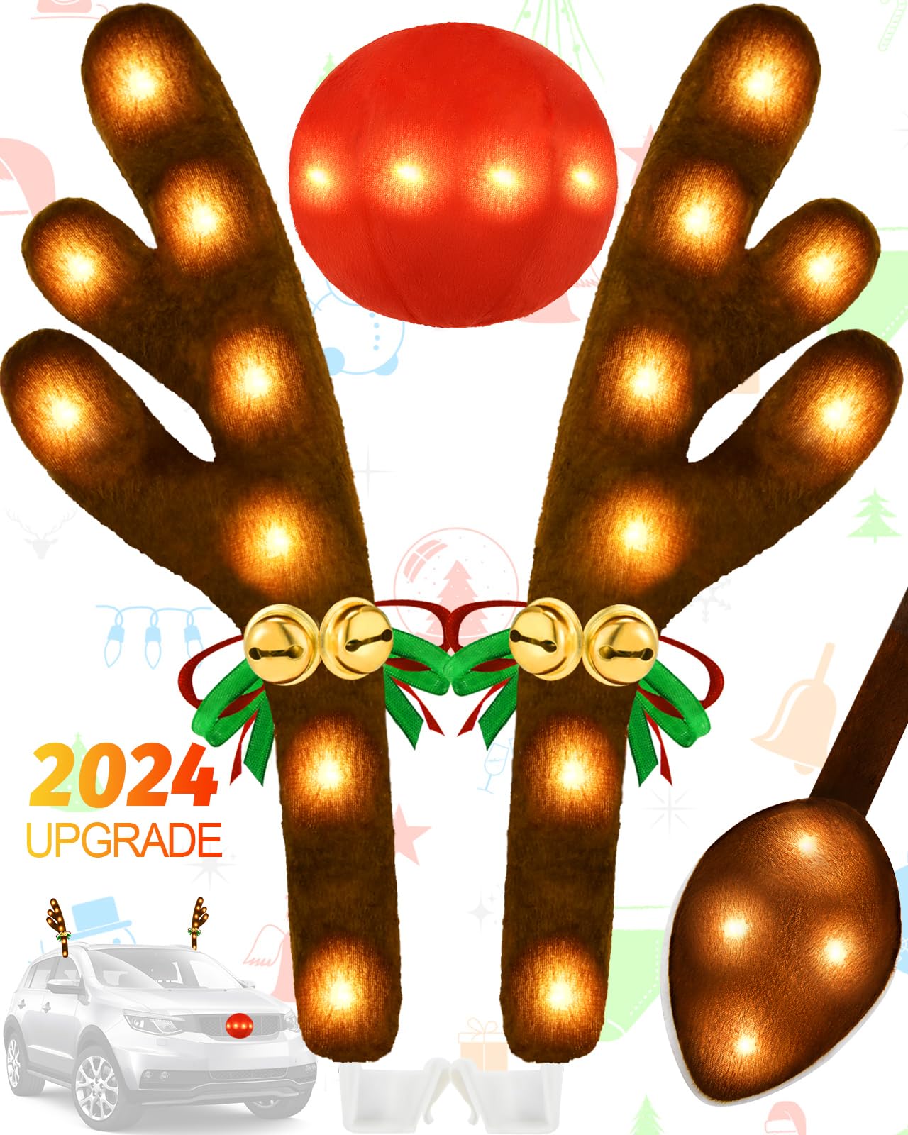Christmas Reindeer Antlers Car Decoration Kit, LED Lights Nose Vehicle with Jingle Bells Rudolph, Auto Holiday Accessories for SUV Van Truck Decor Warm White