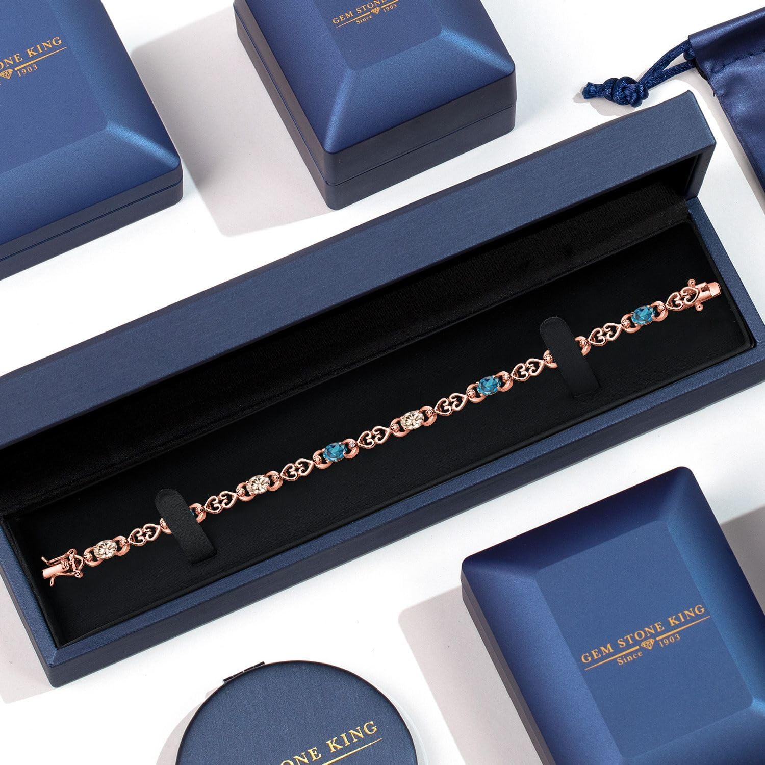 Gem Stone King 18K Rose Gold Plated Silver Peach Morganite and London Blue Topaz and Lab Grown Diamond Bracelet For Women | 4.41 Cttw | Gemstone October Birthstone | Oval 6X4MM | Length 7.25 Inches