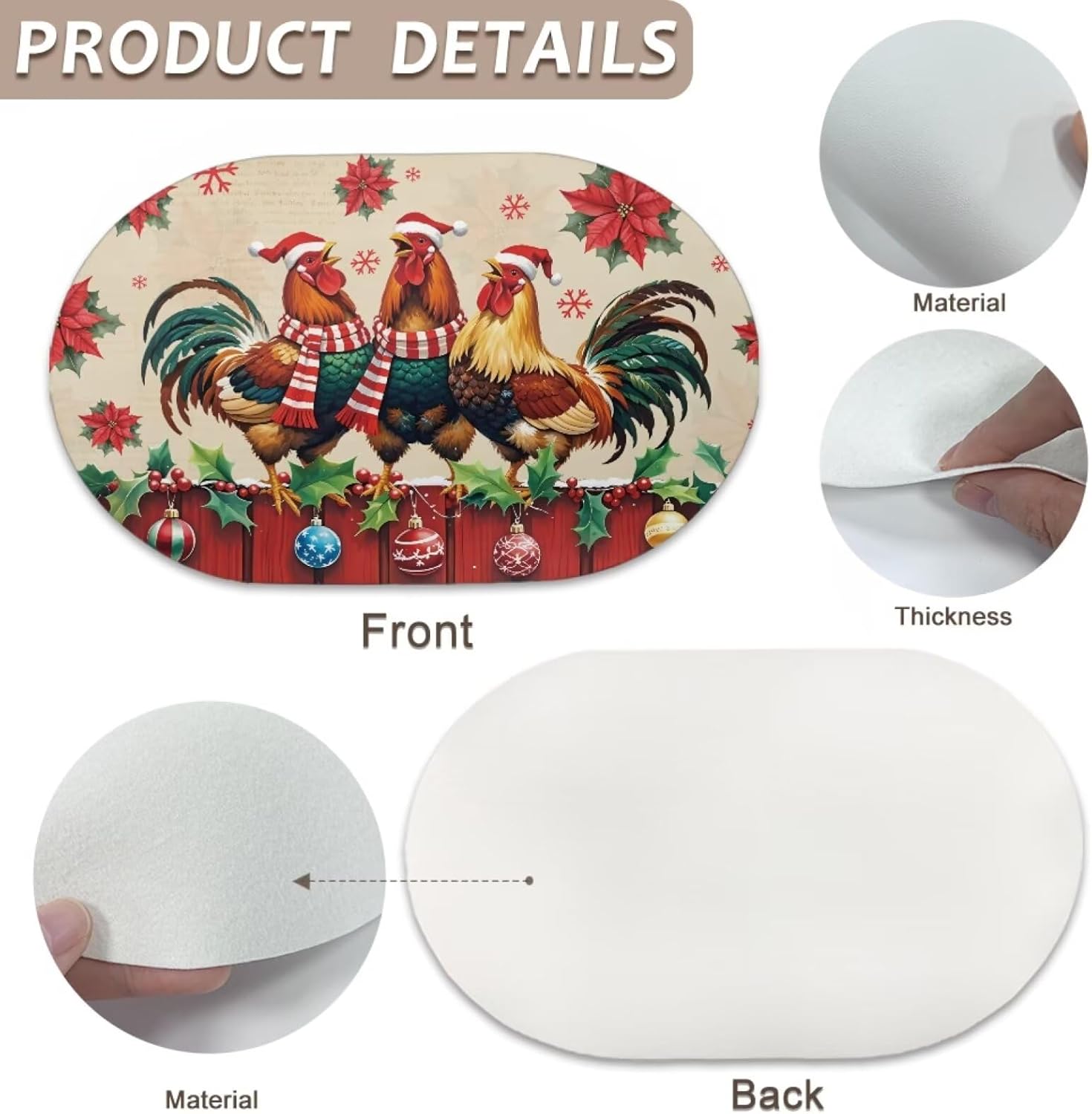 Chicken Place Mats Set of 4 Oval 18x12 Inch Table Mats Wipeable for Christmas Dinner Decor Red Seasonal Placemats