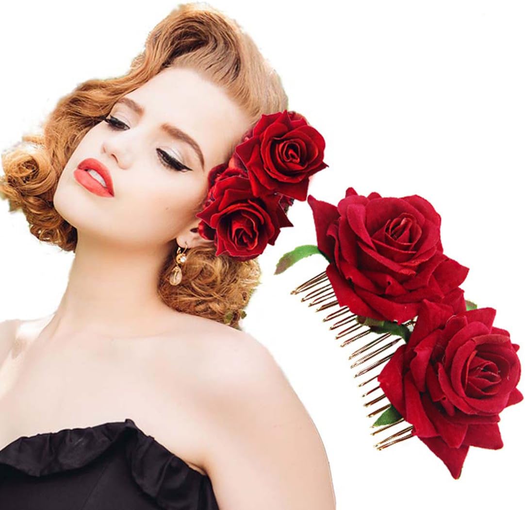 Red Rose Wedding Flower Hair Clips Lady Hair Styling Clip Hair Accessories Pin Flower Brooch (Red)