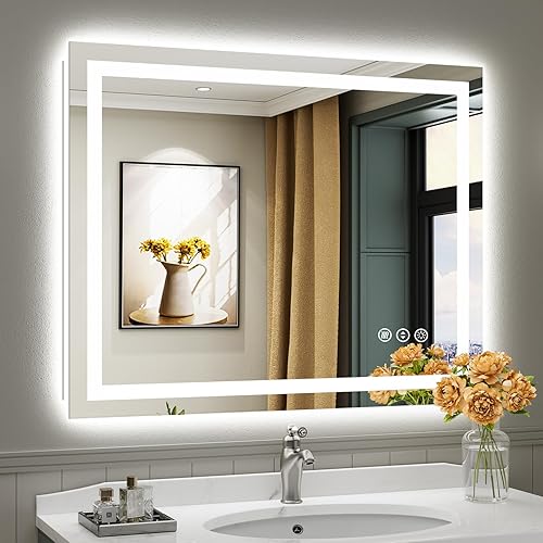 Espejo de baño LED de 40 x 32 pulgadas con luces, retroiluminado y frontal iluminado, espejo de tocador de baño con luz antiniebla para pared,