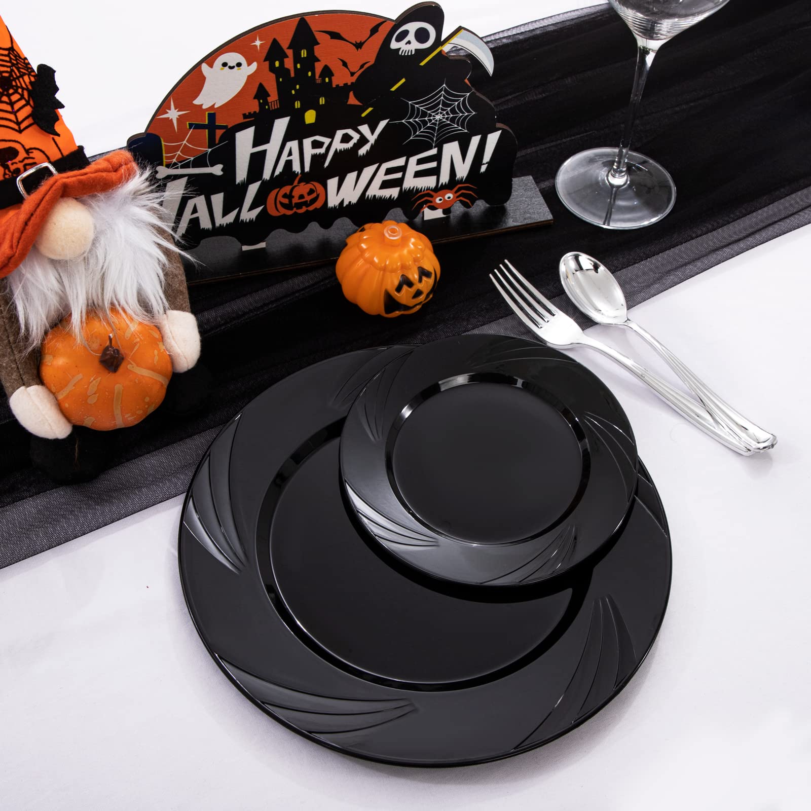 NOCCUR 60PCS Black Plastic Plates-10.2inch Dinner Plates and 6.6inch Salad Plates-premium plastic plates -New Year's Plates - for party and New Year