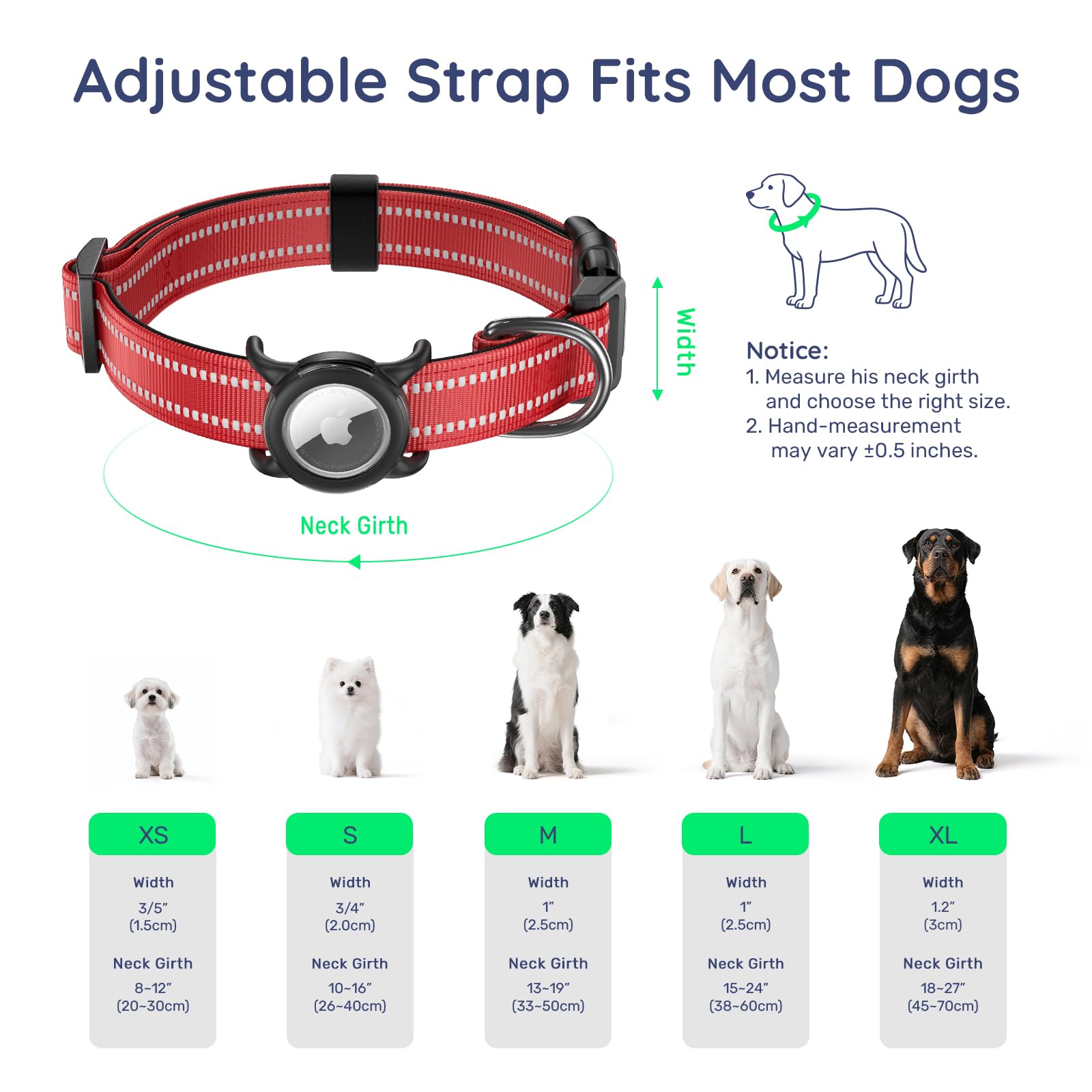 Collar de perro con código QR, collar reflectante para perro, acolchado de neopreno suave y hebilla de bloqueo de seguridad, collar ajustable para mascotas (rojo, M con soporte para Airtag)