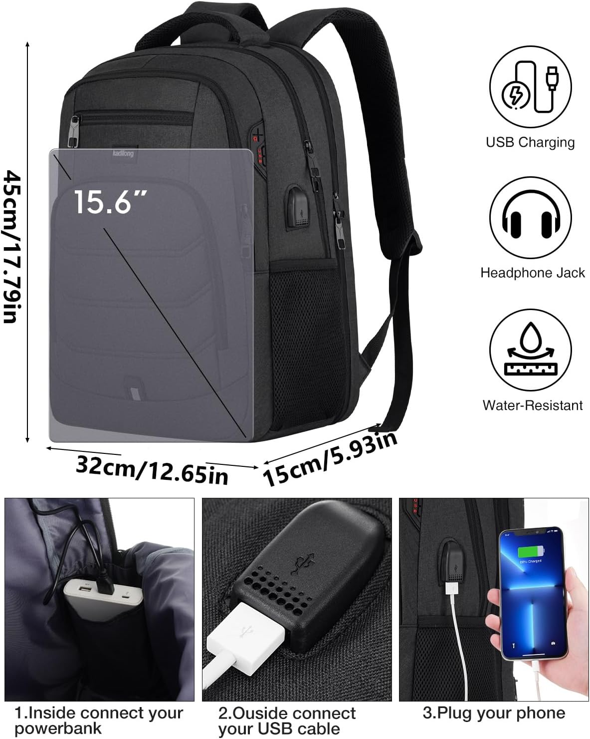 kadilong Laptop Backpack Men School Backpacks for Teen Boys Business Travel Anti Theft Book Bag with USB Charging Port,Water Resistant College Computer Bag Fits 15.6 Inch Notebook for Teenage,Black