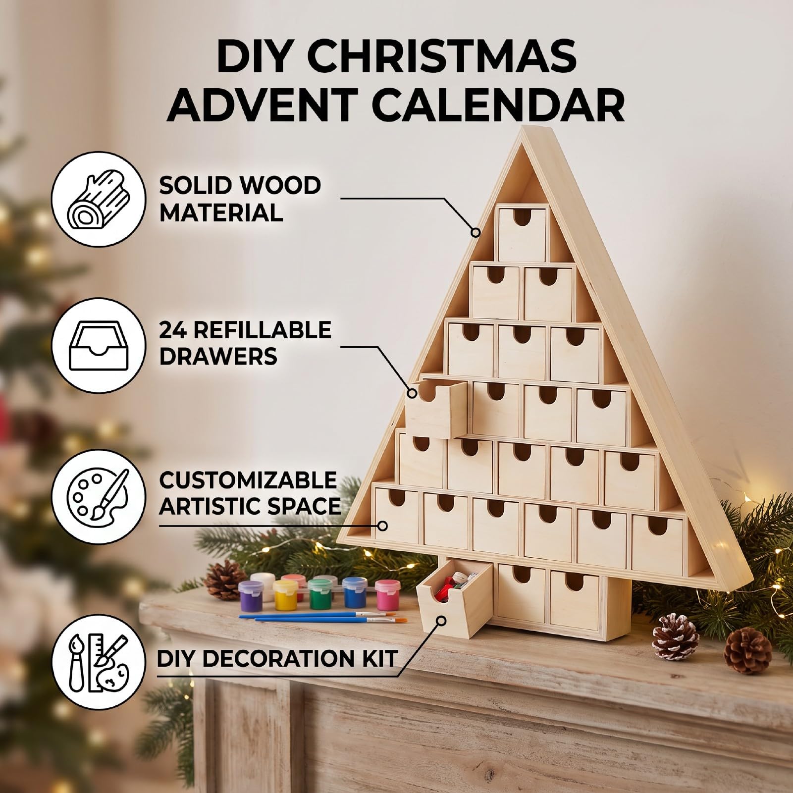 Calendario Dell'Avvento in Legno, Kit Fai da Te con 24 Cassetti