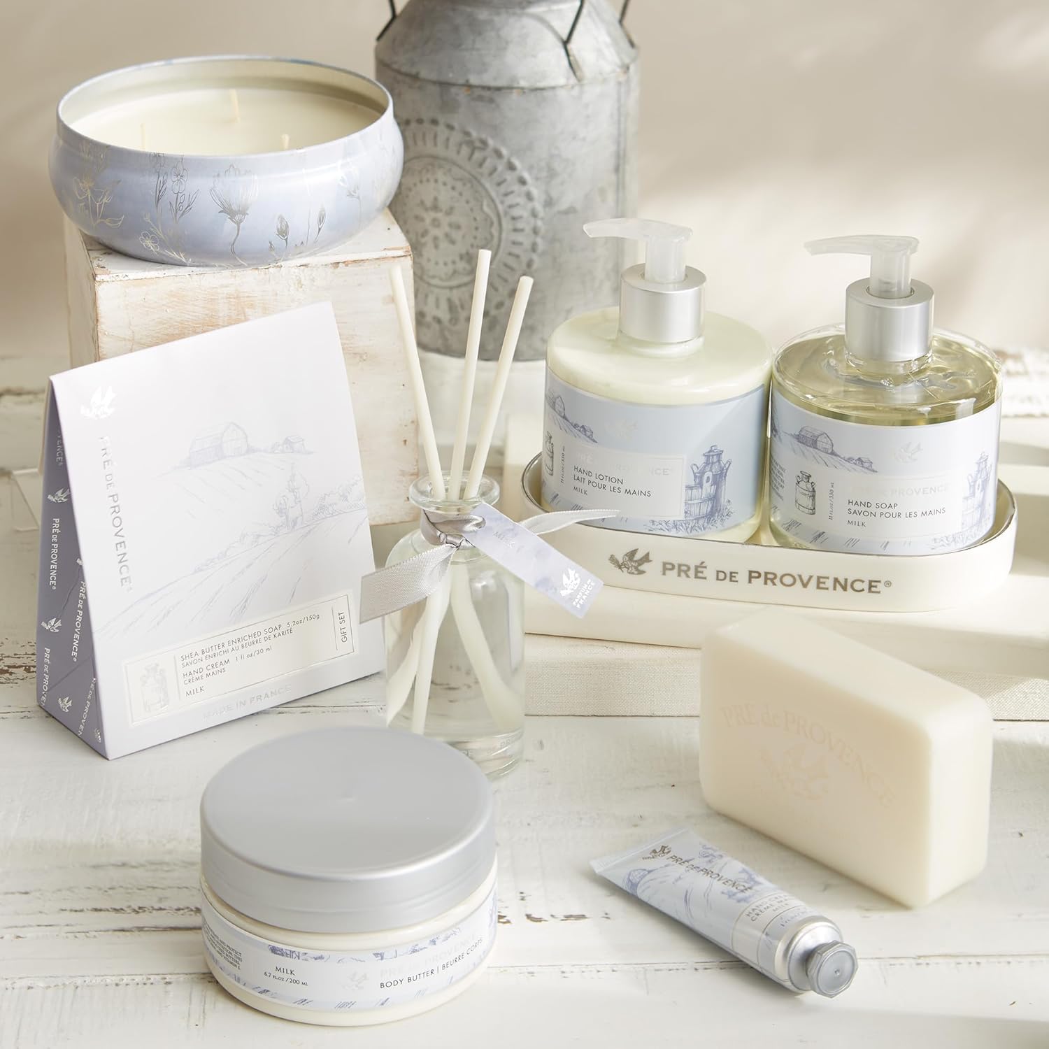 Pre de Provence Heritage Home Fragrance Collection Three Wick Candle Tins, 10.5 oz, Milk