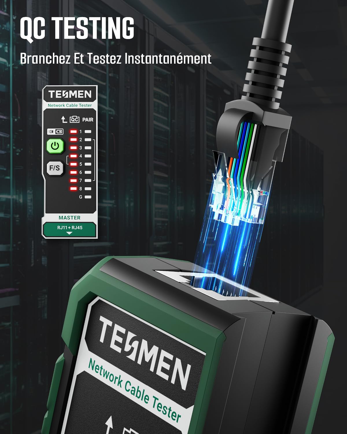 TESMEN TLP-528A Testeur de câbles réseau pour RJ11 et RJ45, Continuité & QC, testeur Ethernet LAN/TEL, pour CAT5/CAT6/CAT7, idéal pour maintenance des câbles – Vert