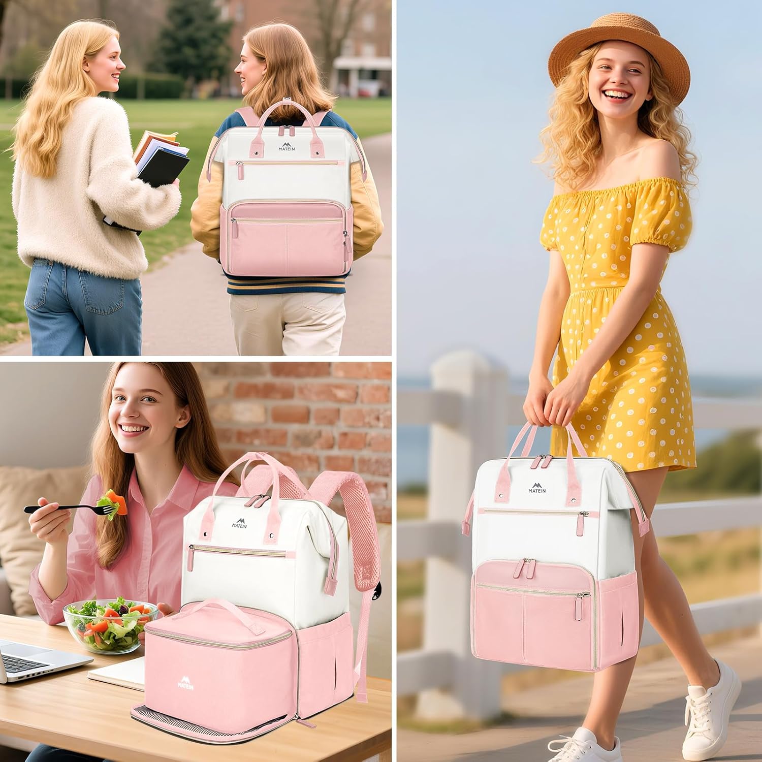 MATEIN Lunch Backpack for Women, 15.6 Inch Work Backpack with Laptop Compartment, College Computer Lunchbox Backpacks with Insulated Lunch box Meal Prep Bag for Teens Office Commute College, 2pcs Set