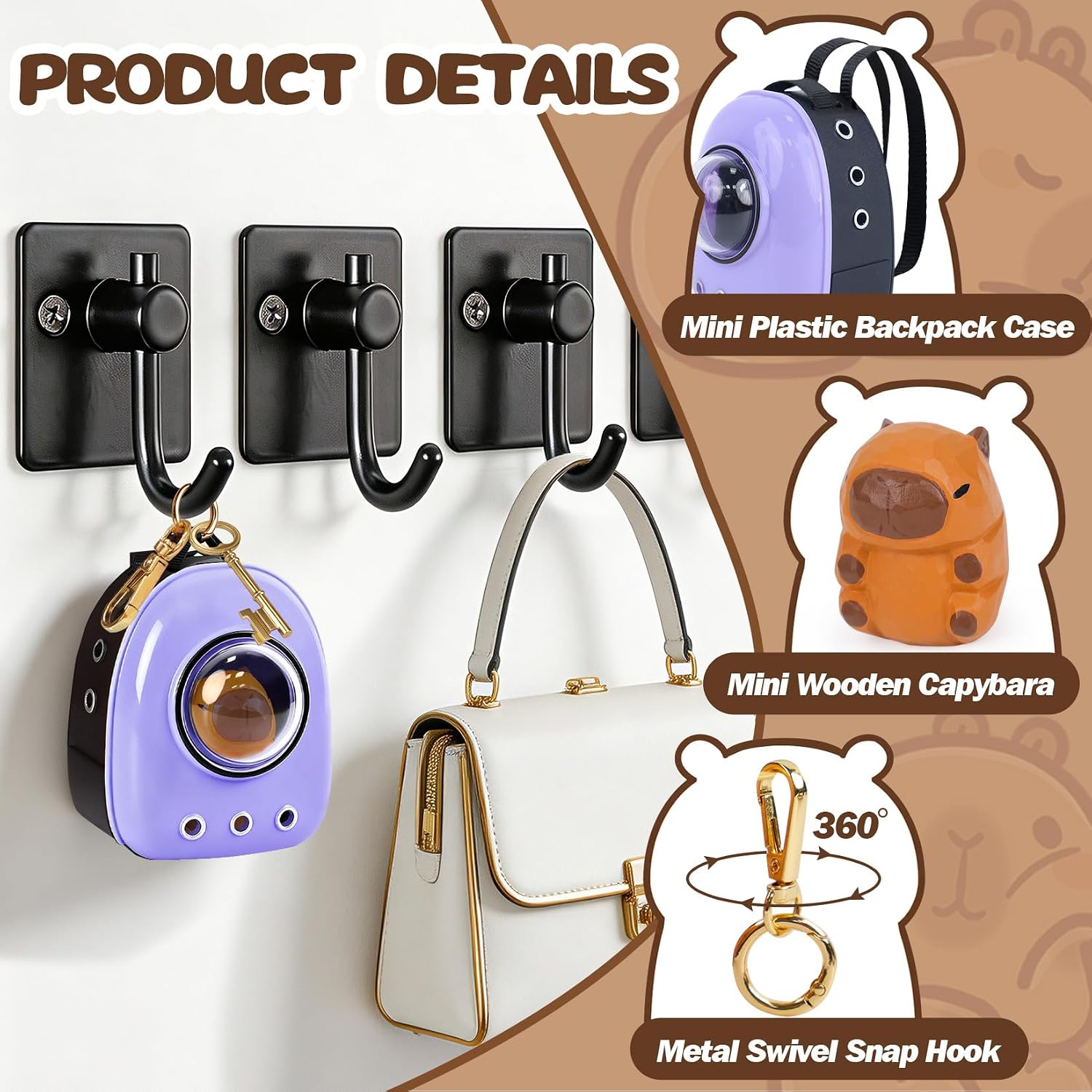 Mini Capybara Set with Metal Keychain Bag Charms Decor, Backpack Display Case Keychains Gifts for Women Boys Girls