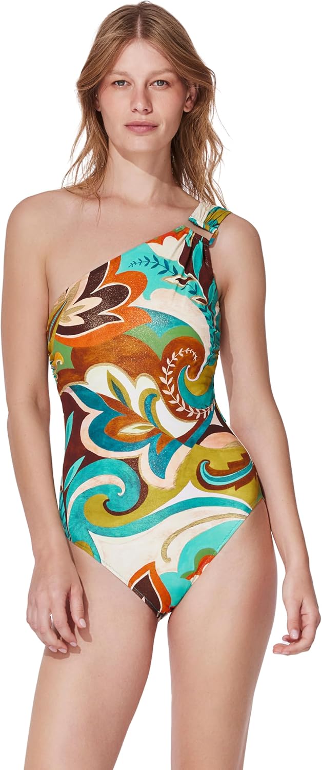 Gottex Porto One Shoulder One Piece - U Wire Insert, Built-in Soft Cups, Front and Back Lining, Classic Bottom Coverage