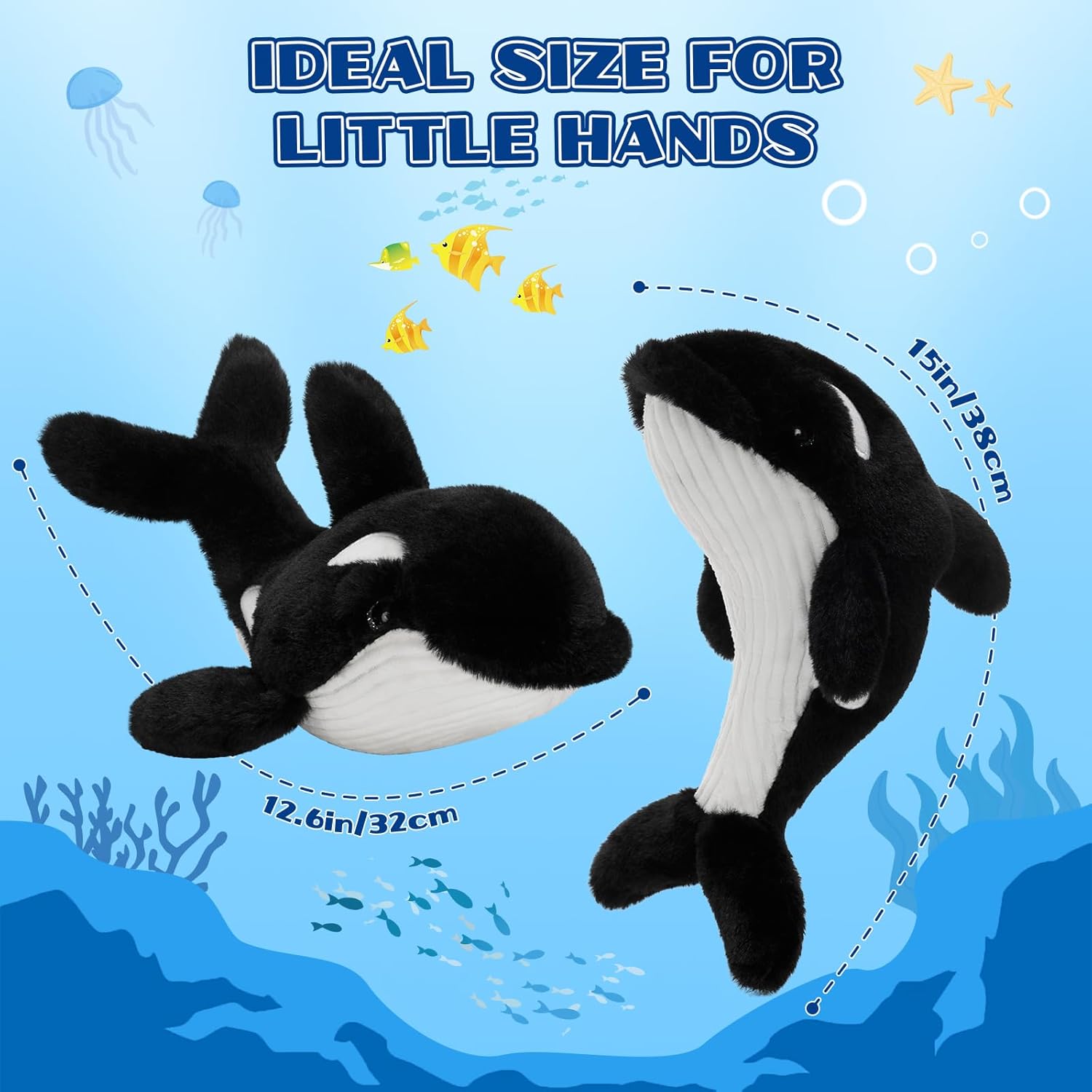 Tezituor 6 Pcs Orca Stuffed Animals, 10“ Soft Orca Whale Plush Toy Glow in The Dark, Stuffed Killer Whale Birthday Party Favors Ocean Themed Gifts for Toddler Kids