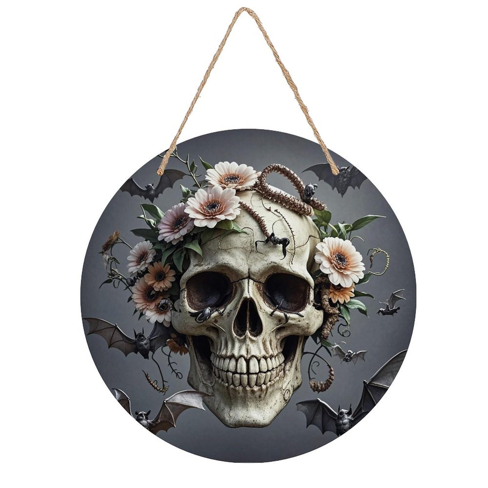 LZQPOEAS Skull Flower Wall Art Decor Round Wood Hanging Sign Rustic Vintage Wooden Door Hanger with Ropes Decorative Plaque Welcome Sign for Home Indoor Outdoor, 7.9x7.9 in