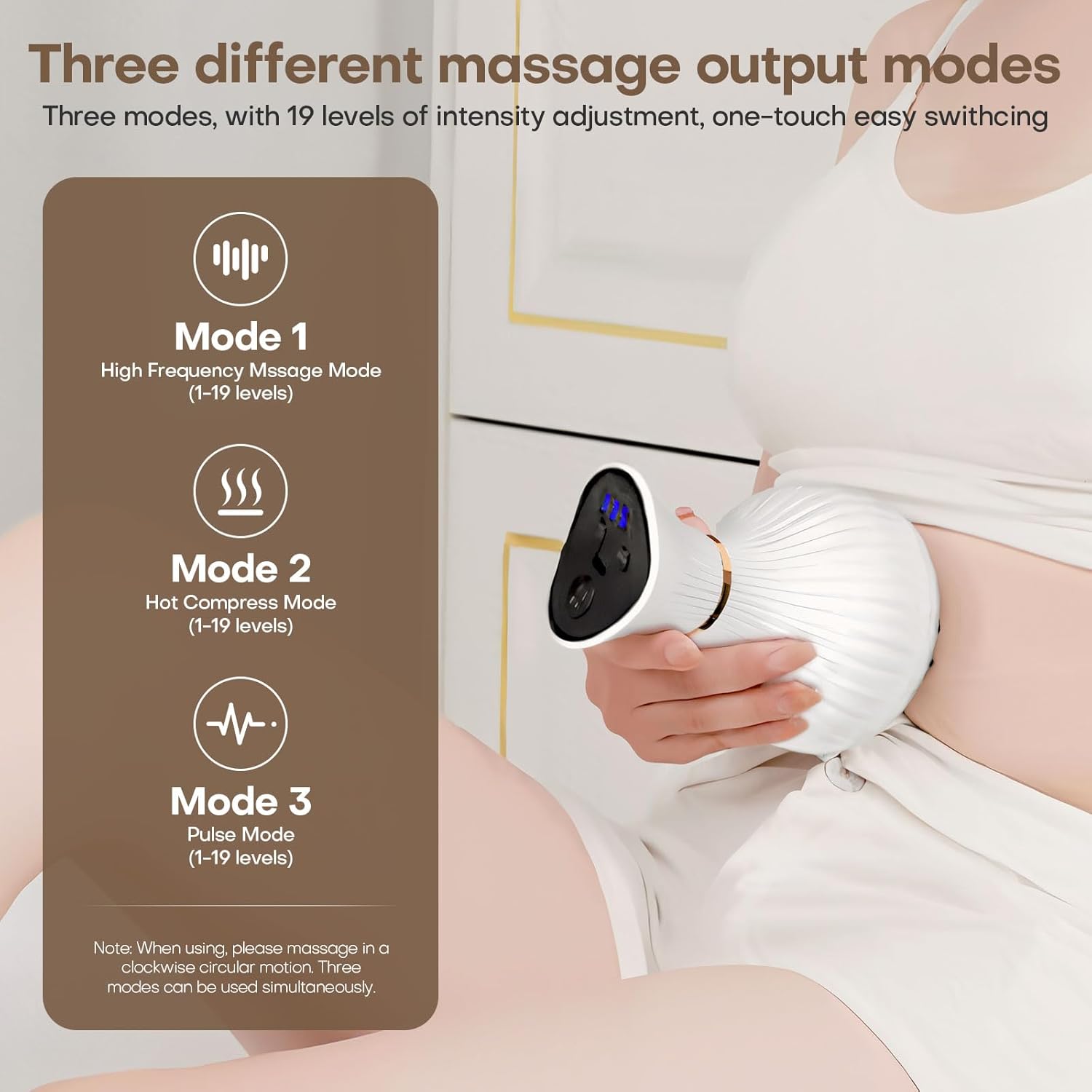 Illustration of three different massage output modes: High Frequency, Hot Compress, and Pulse