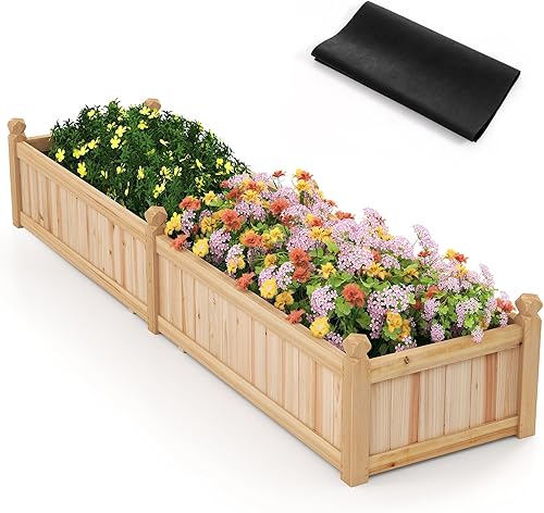 Miniatura 11 de Giantex Cama de jardín elevada de madera, cama de plantación con drenaje de esquina, forro no tejido para cultivar verduras, flores, hierbas, Marrón
