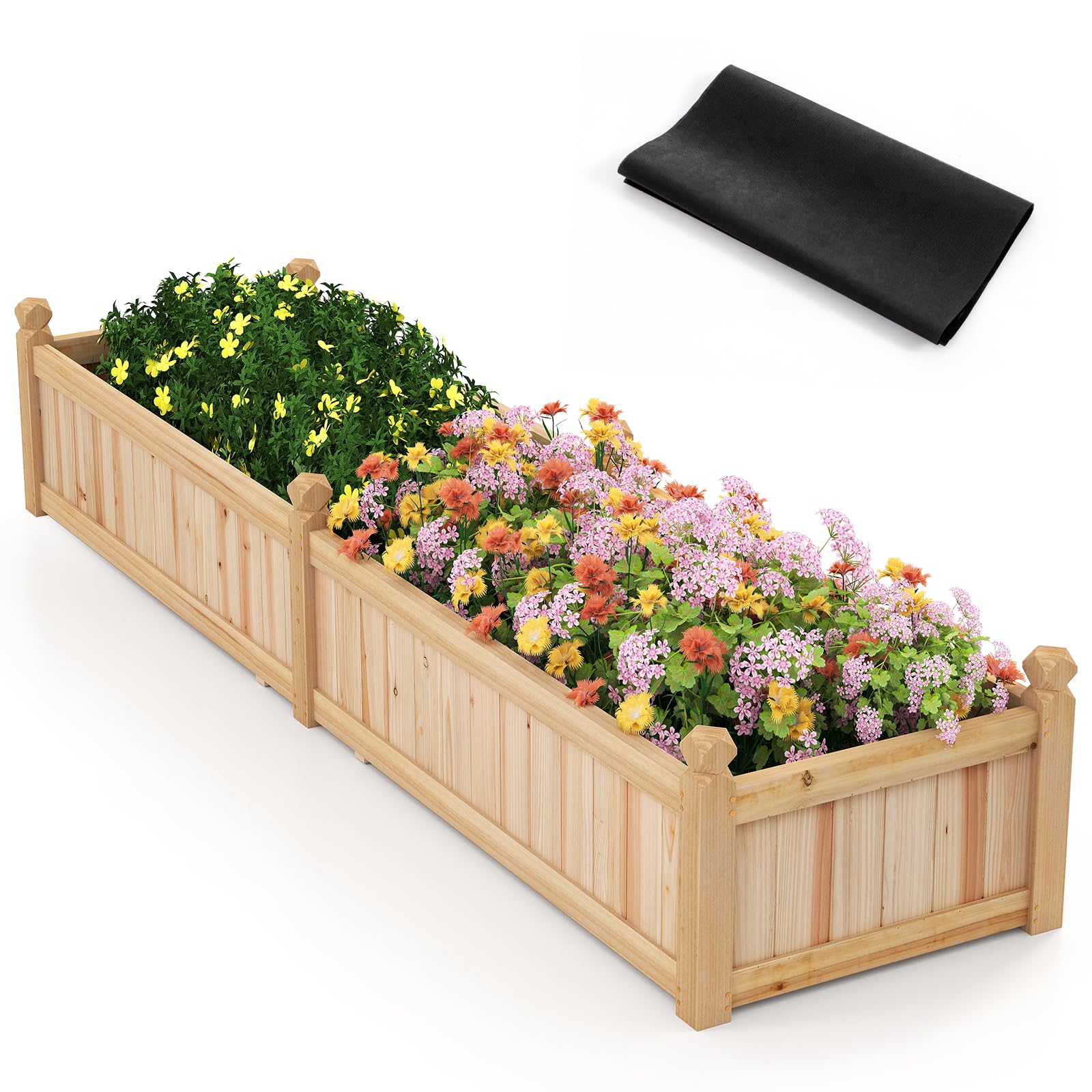 RELAX4LIFE Fioriera da Esterno, Orto Rialzato da Esterno con Divisore, Sistema di Drenaggio, Fodera in Tessuto Non Tessuto, Fioriera Legno per Verdure, Fiori, per Balcone, 227x59,5x40cm (Naturale)