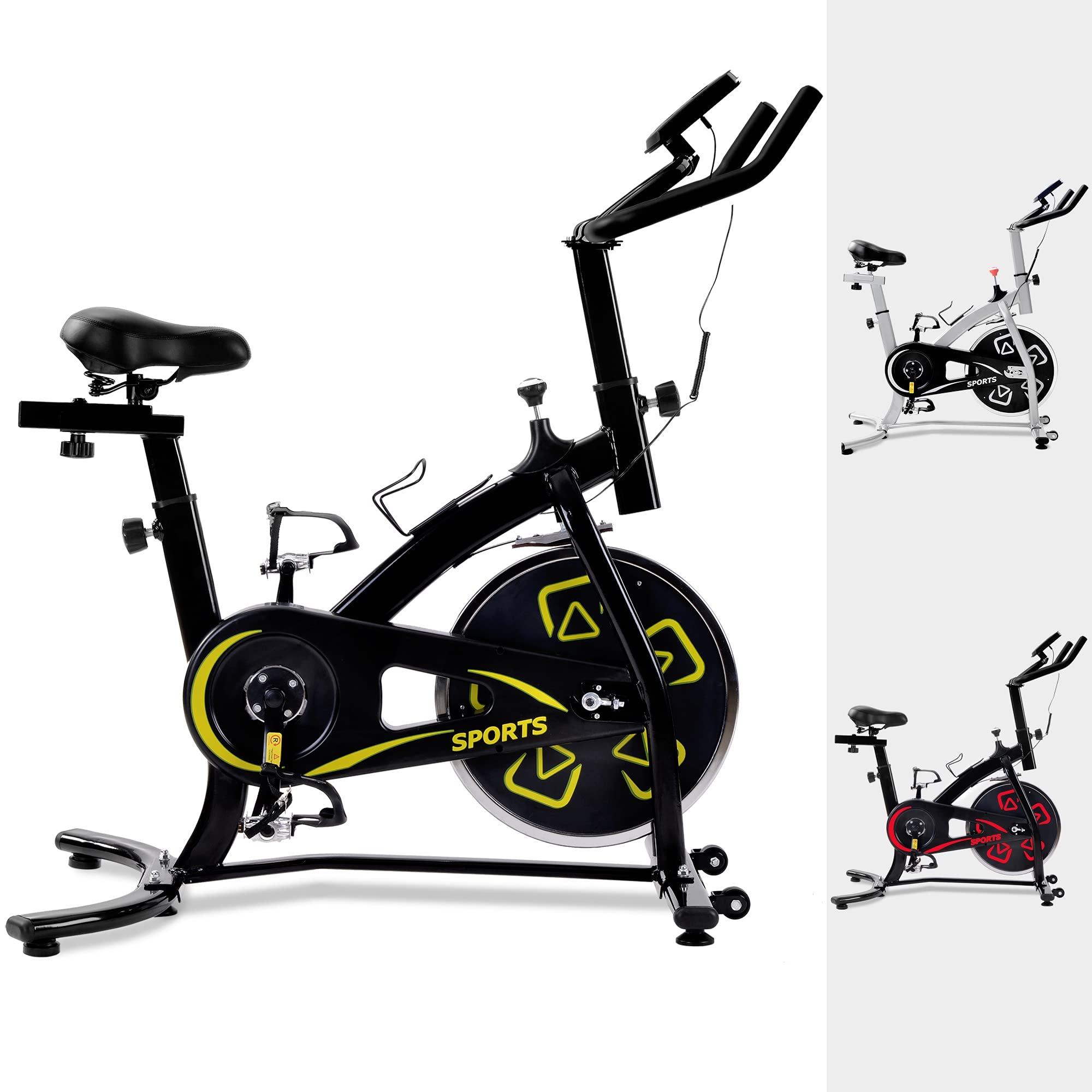 Męskie i damskie rowery treningowe, wewnętrzny rower do ćwiczeń cardio z konsolą LCD, regulowane siedzenie i kierownica do użytku domowego, na siłownię, do wewnątrz, studio, treningu cardio (żółty)