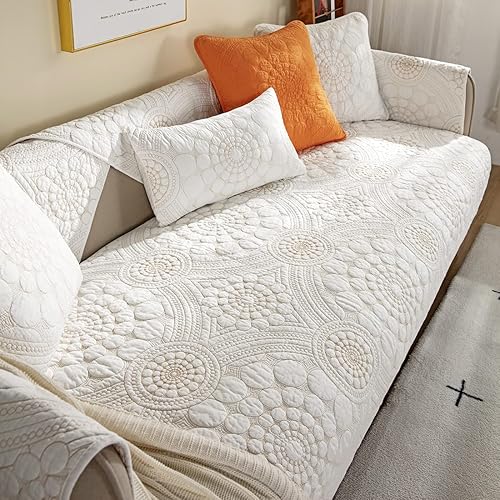 Miniatura 4 de Funda acolchada de algodón para sofá modular, diseño bohemio con círculo, bordado, color sólido, antideslizante, protector de muebles para perros,