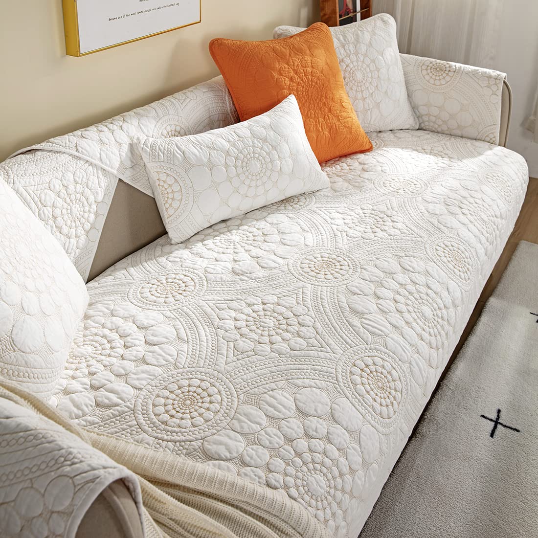 XSlive Cotton Quilted Sofa Cover Boho Circle Embroidered Sectional Couch Slipcover Solid Color Non Slip Sofa Slipcover Furniture Protector for Dogs,