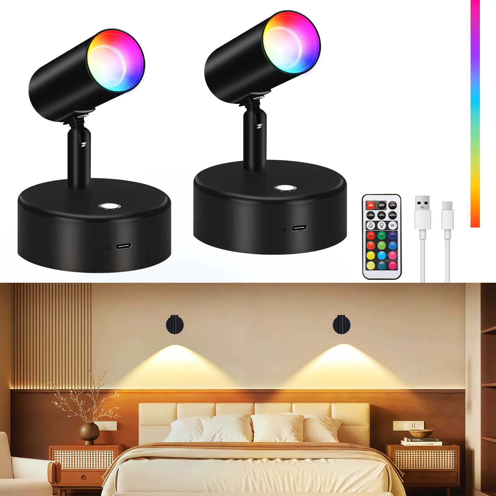 Faretto LED RGBW che cambia colore, batteria ricaricabile da 5000 mAh, telecomando, confezione da 2, nero