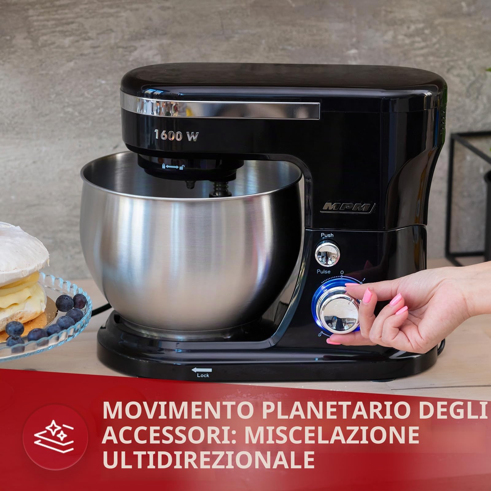 MPM - Robot da cucina planetario con 2 ciotole da 4 e 5 litri - robot da cucina da 1600 W - nero