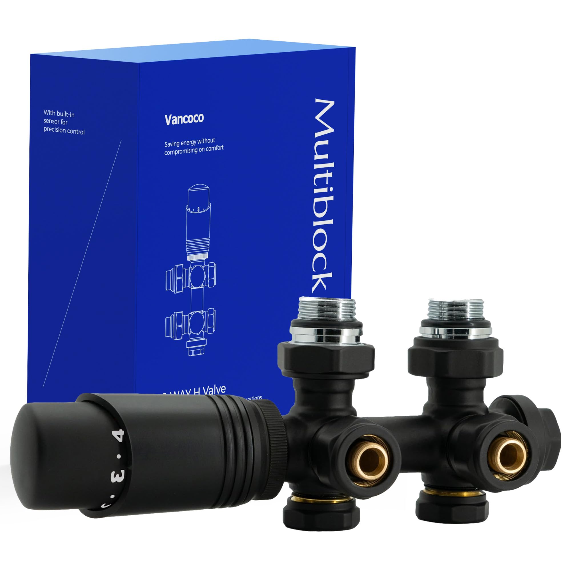VANCOCO Noir Kit Multibloc Universel Pour Radiateur, Raccordement Central avec 50mm, Vannes Thermostatiques Pour Radiateur et Chauffage