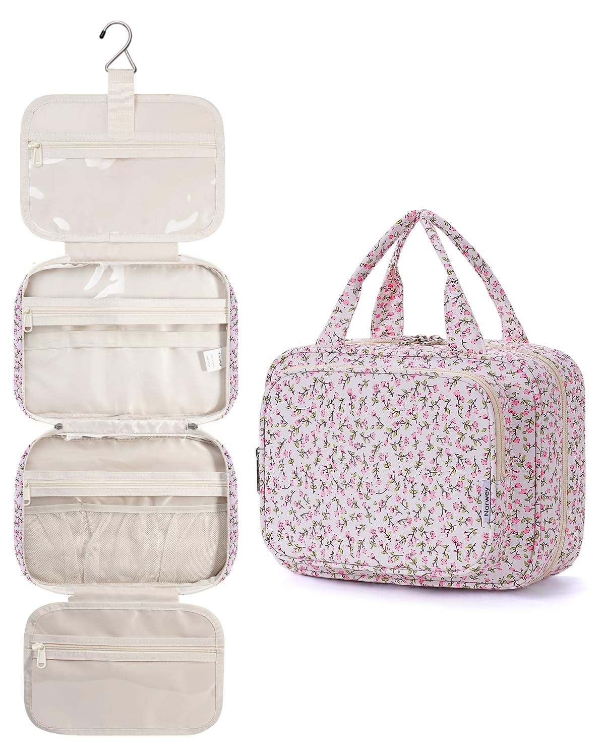 Narwey Kulturtasche Damen Kulturbeutel zum Aufhängen Waschtasche Gross Kosmetiktasche Groß Waschbeutel Kosmetik-Organizer für Damen Mädchen (Grünes Blatt (Medium))