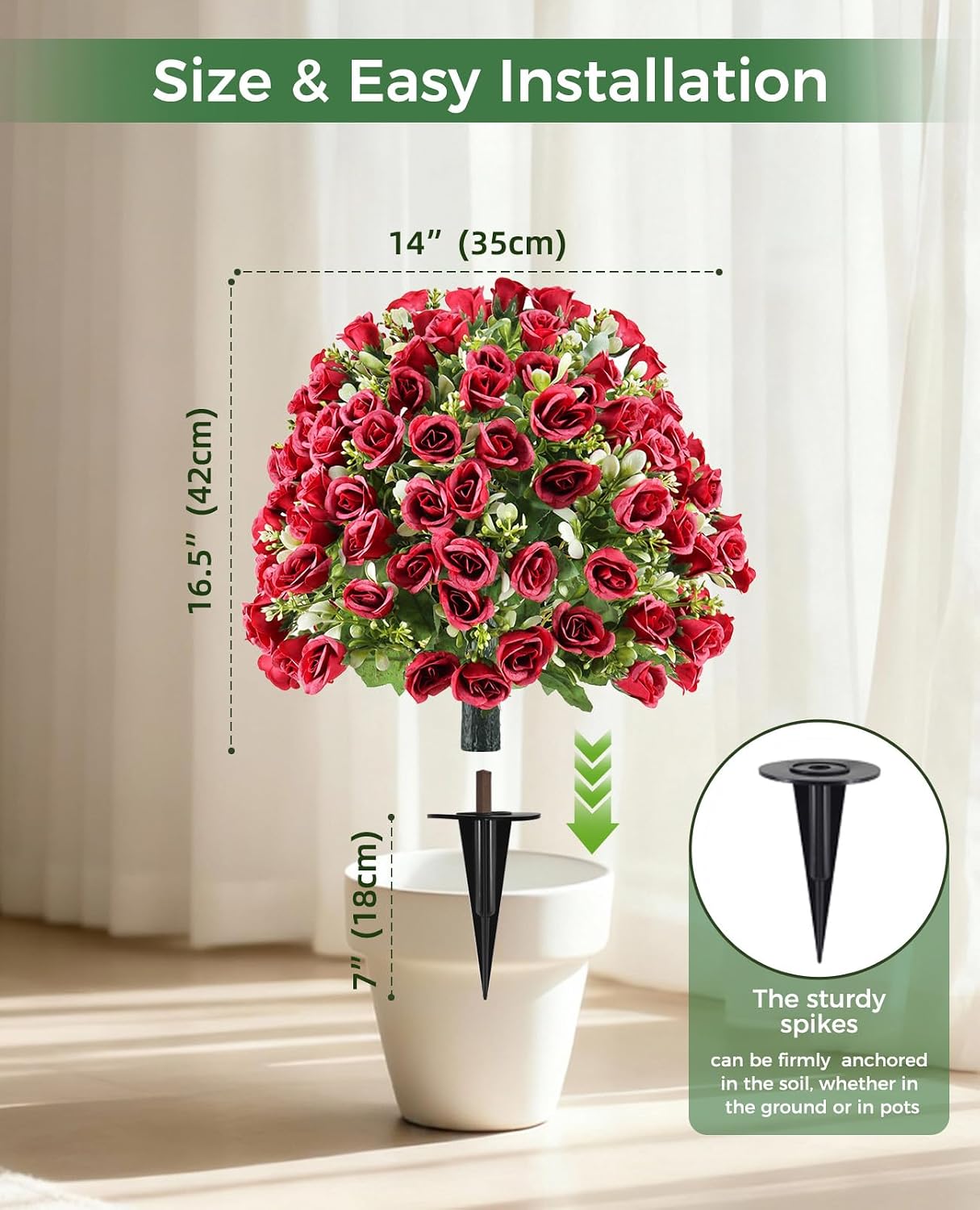 24x14’’ Red Rose Topiary Ball Tree, Faux Plants Outdoor Rose Bush, Fake Evergreen Potted Plants Artificial Decor for Garden, Front Porch, Living Room, Balcony Decor, Set of 2