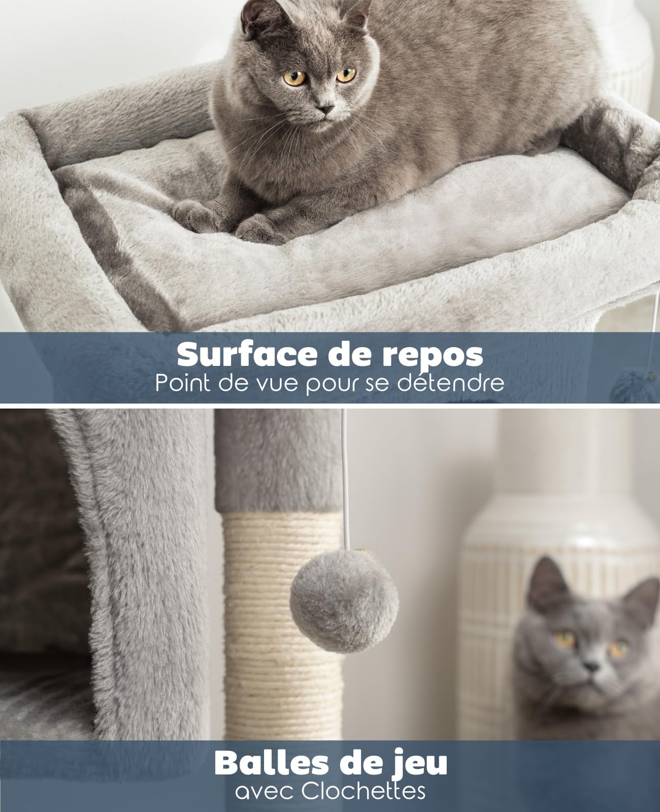 lionto Arbre à Chat avec Niche et 2 balles en Peluche avec grelot, Hauteur 60 cm, avec Corde en sisal Robuste et Peluche Douce, Surface de Repos Confortable, pour Petits et Grands Chats, Gris Clair