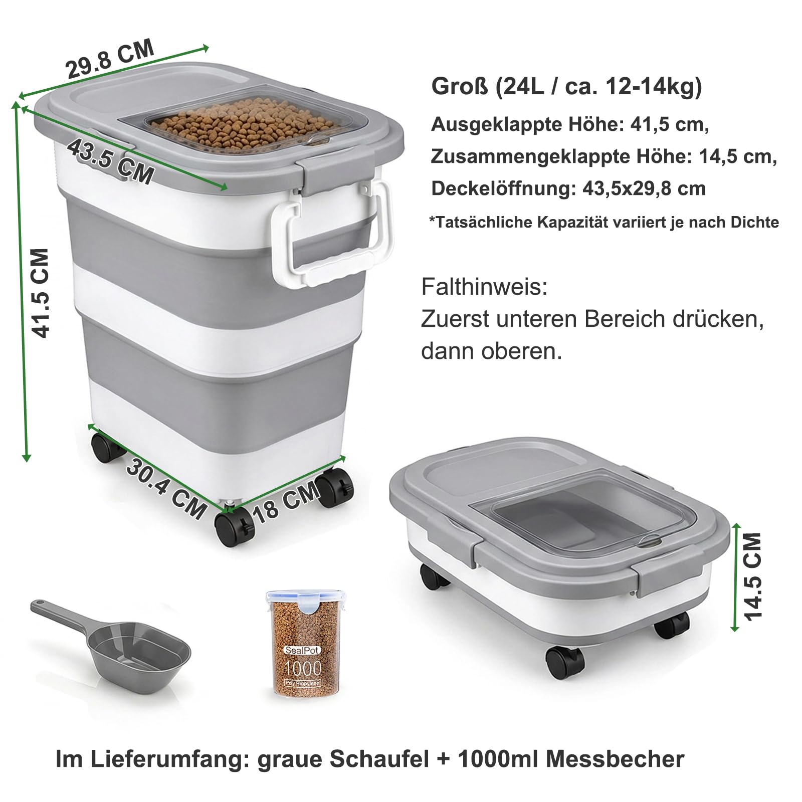 FUSHITON Großer faltbarer Hundefutterbehälter mit Rollen 24L – Trockenfutter Vorratsbehälter luftdicht mit Clip-Verschluss, inkl. Schaufel + 1000ml Messbecher, platzsparend klappbar, grau