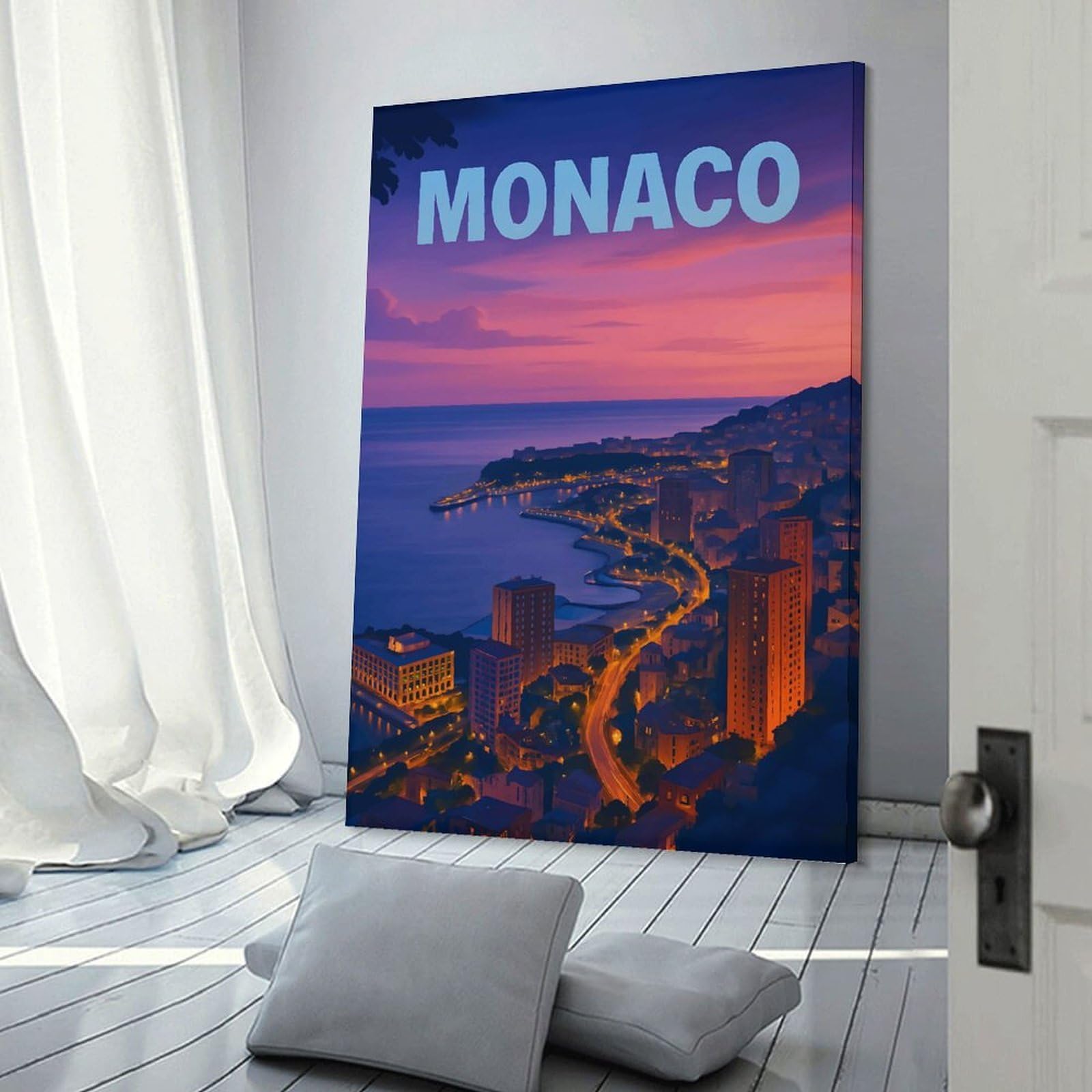 Junmoney Monaco Cityscape at Dusk Wall Picture Print, 16x24inch(40x60cm), for Flats, Guest Rooms Or Compact Rooms, Decorative Canvas Decor for Home Updates