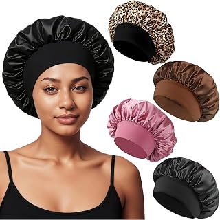 Set of 4 Silk Cap Sleep Satin Night Cap with Elastic Band for Long, Straight or Curly Hair for Women and Girls (Brown, Leopard Pattern, Dark Pink, Black)