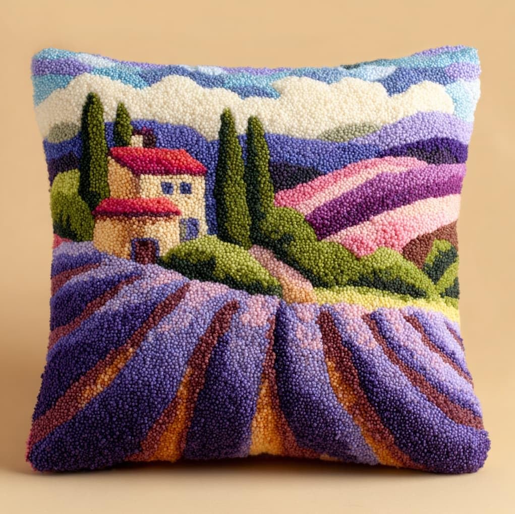 Henypt Latch Hook Craft Kit 17x17 Inch,Lavender Manor Complete Embroidery Cushion Kit,Creative Craft Stress Relief Handmade Gift for Beginners