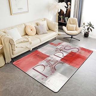 Erosebridal Eiffel Tower Indoor Floor Mat,Red Ombre Lattice Carpet,Paris Cityscape Printed Area Rug,French City Building D...