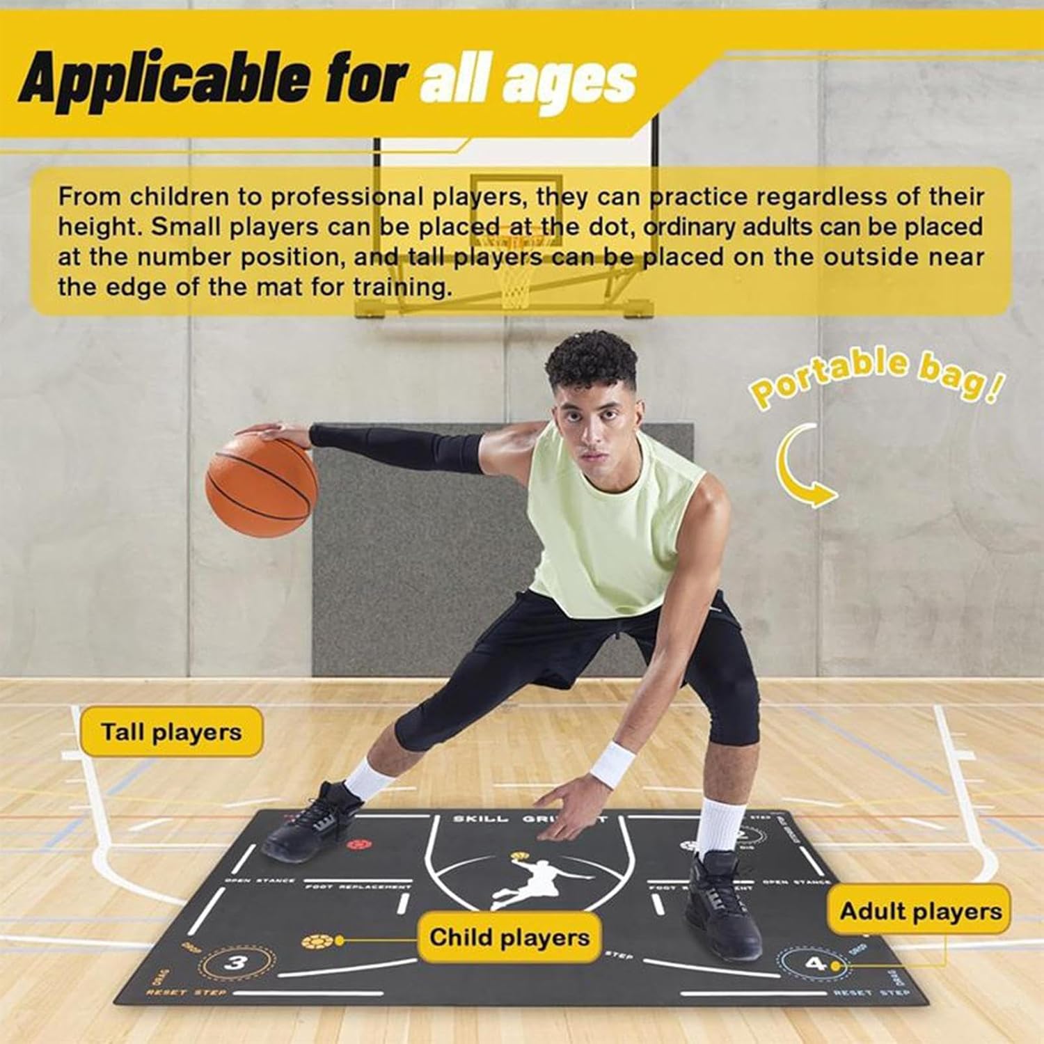 Basketball Mat, Portable Non-Slip Rubber Agility Trainer, 6x4 Feet Basketball Practice Pad with Step Drill Marks, Anti Desli Rubber Training Mat