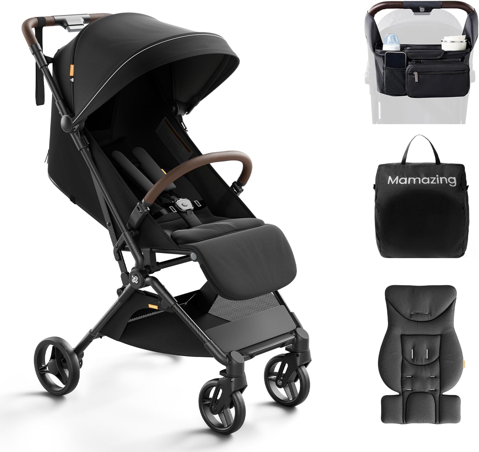 MAMAZING Lightweight Baby Travel Stroller with Carbon Fiber Frame, Compact & Airplane-Friendly, One-Handed Folding Design, 11.6 lbs, Perfect for Toddlers, Organizer & Cushion Included, Jet