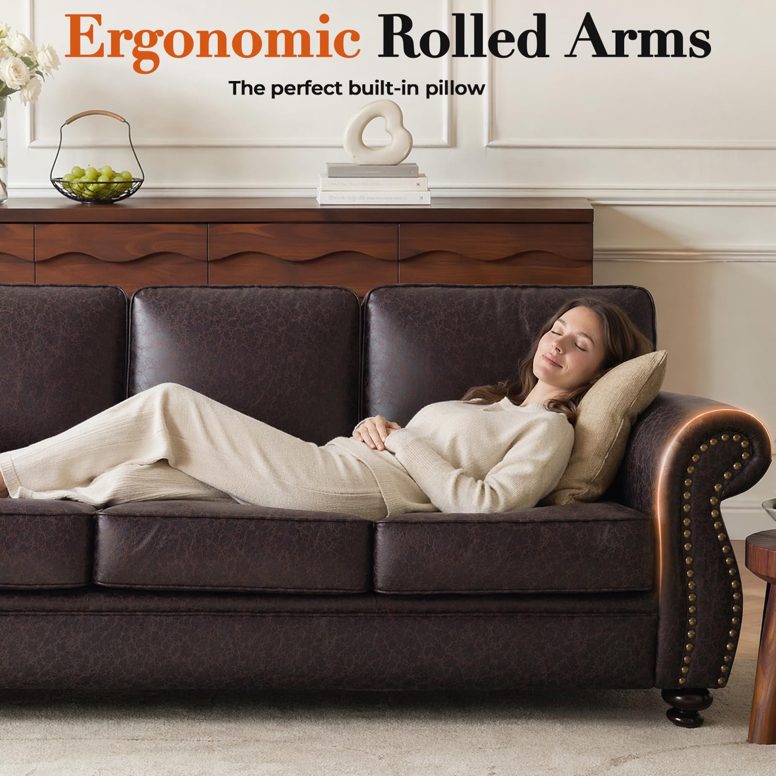 71" W Loveseat Sofa Couch, Faux Leather Fabric Sofas, Brown | Mid-Century Love Seat with Nailhead Trim, Upholstered Couch Set for Living Room Bedroom