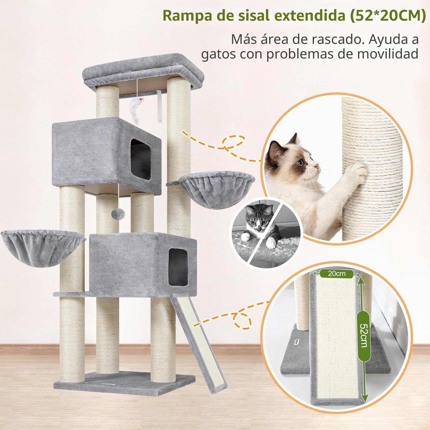Globlazer Árbol Rascador XXL para Gatos Grandes con Postes Gruesos 11 cm, 2 Extragrande Nidos 50 * 35 * 30cm, Plataforma Acolchada Grande, Cesta, Estable Torre para Gatos Maine Coon (S67, Gris Claro)