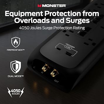 Monster Power Surge Protector w/ 4,050 Jules Rating Heavy Duty Power Strips with Surge Protection, 8 Outlets, USB-A & USB-C, 2 Coax, 5 Ethernet Ports, Fireproof MOV, Dual Mode (6FT Cord, Black)